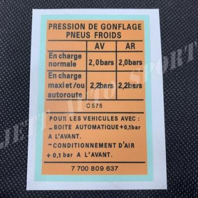 Sticker Pressions de Gonflage Pneus Froids Renault porte C16 ph1